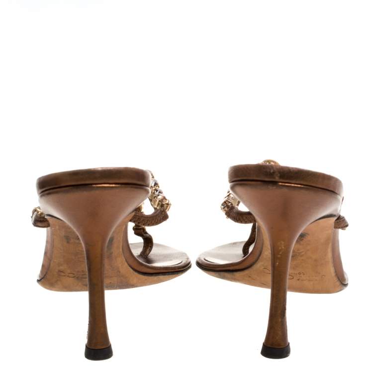 Pre Owned Jimmy Choo Metallic Bronze Leather Crystal Embellished Thong Sandals  Size 38.5 