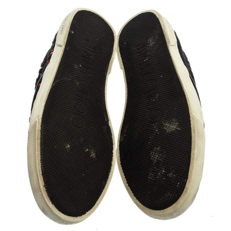 Pre Owned Jimmy Choo Black/Neon Orange Lace and Patent Leather Demi Slip-On Sneakers Size 39.5
