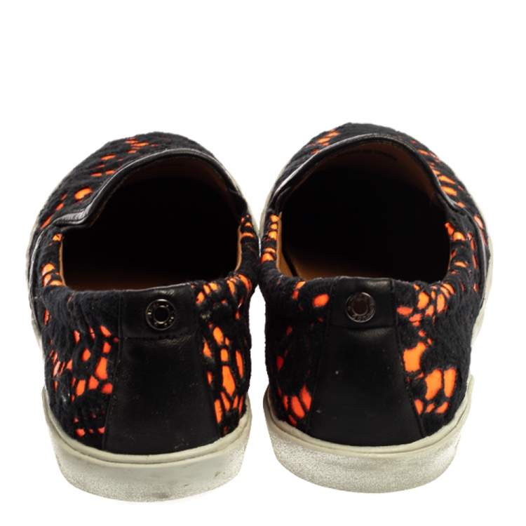 Pre Owned Jimmy Choo Black/Neon Orange Lace and Patent Leather Demi Slip-On Sneakers Size 39.5