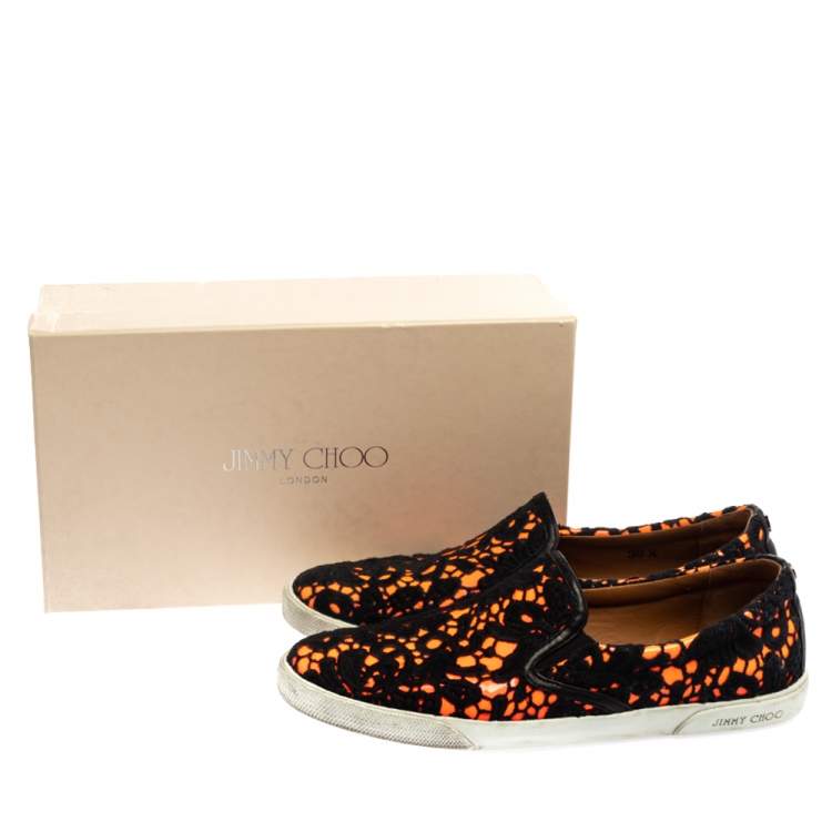 Pre Owned Jimmy Choo Black/Neon Orange Lace and Patent Leather Demi Slip-On Sneakers Size 39.5