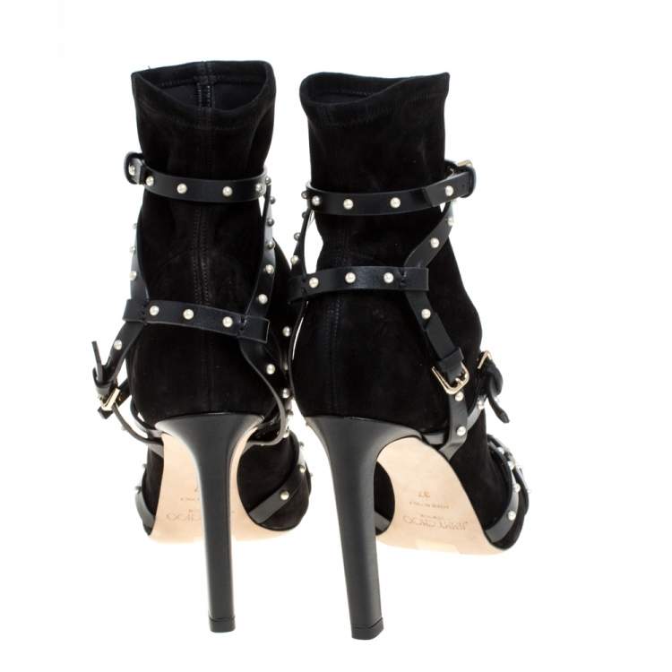 مملوكة مسبقًا Jimmy Choo Black Stretch Suede Leather Brianna 100 Embellished Ankle Boots Size 37