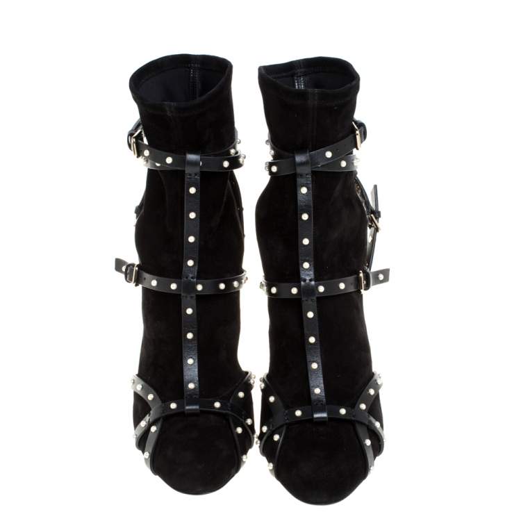 مملوكة مسبقًا Jimmy Choo Black Stretch Suede Leather Brianna 100 Embellished Ankle Boots Size 37