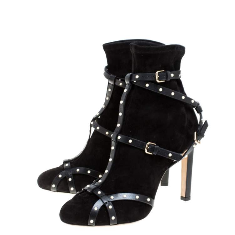 مملوكة مسبقًا Jimmy Choo Black Stretch Suede Leather Brianna 100 Embellished Ankle Boots Size 37