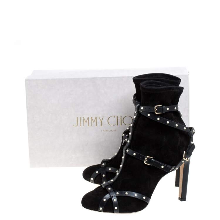 مملوكة مسبقًا Jimmy Choo Black Stretch Suede Leather Brianna 100 Embellished Ankle Boots Size 37