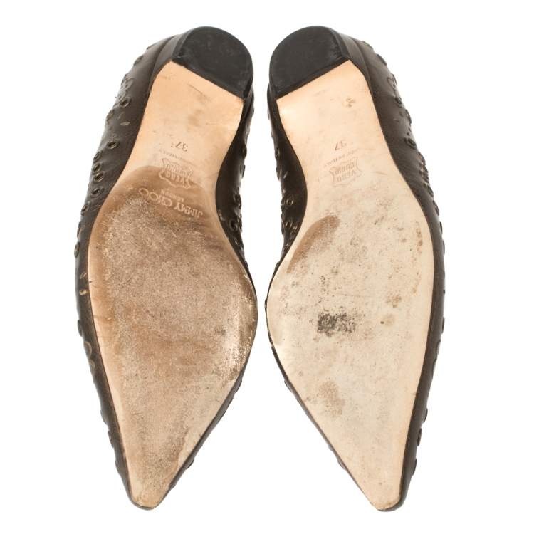 Pre Owned Jimmy Choo Bronze Cutout Leather Eyelet Pointed Toe Ballet Flats Size 37