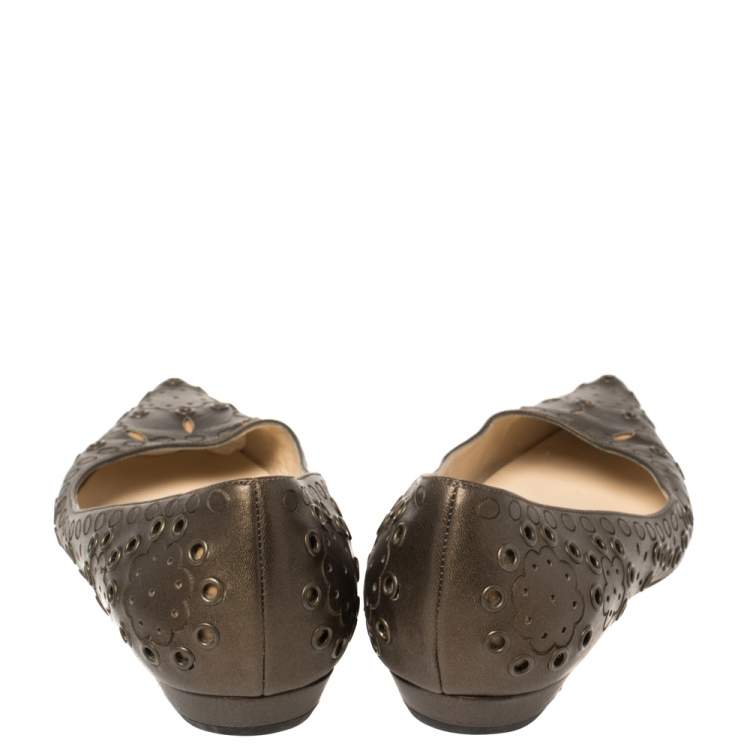 Pre Owned Jimmy Choo Bronze Cutout Leather Eyelet Pointed Toe Ballet Flats Size 37