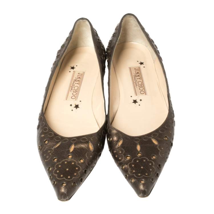 Pre Owned Jimmy Choo Bronze Cutout Leather Eyelet Pointed Toe Ballet Flats Size 37