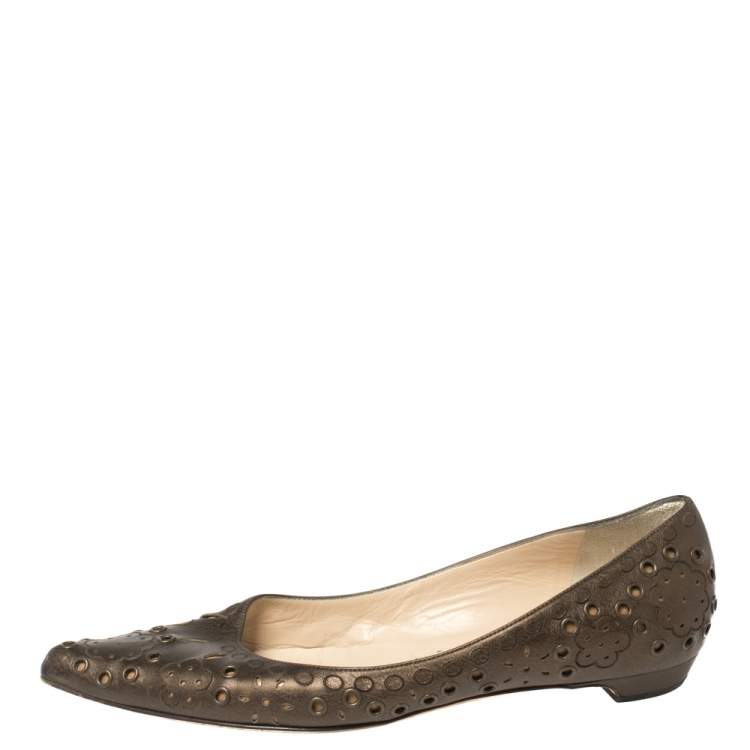 Pre Owned Jimmy Choo Bronze Cutout Leather Eyelet Pointed Toe Ballet Flats Size 37