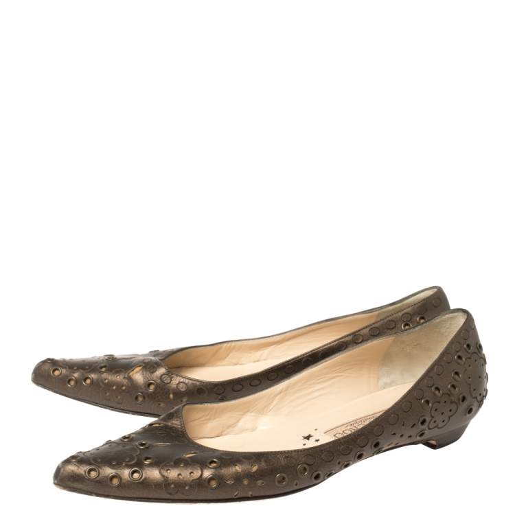 Pre Owned Jimmy Choo Bronze Cutout Leather Eyelet Pointed Toe Ballet Flats Size 37