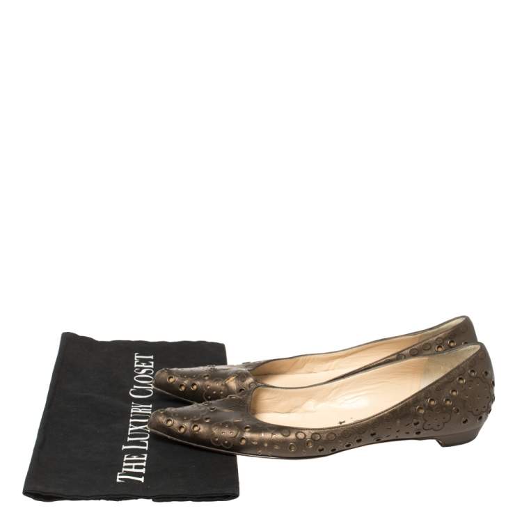 Pre Owned Jimmy Choo Bronze Cutout Leather Eyelet Pointed Toe Ballet Flats Size 37