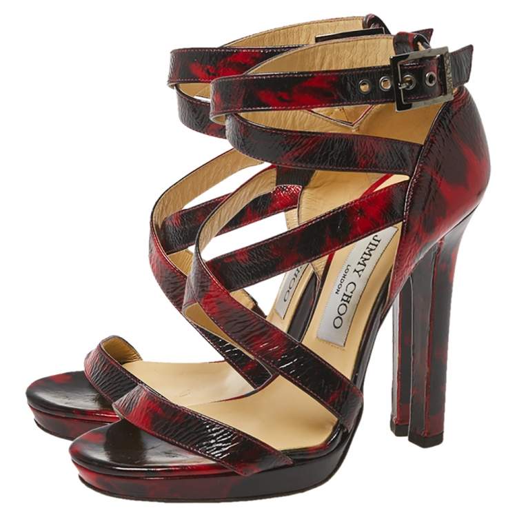 Pre Owned jimmy Choo Red/Black Abstract Print Patent Leather Double Cross Strap Sandals Size 36.5