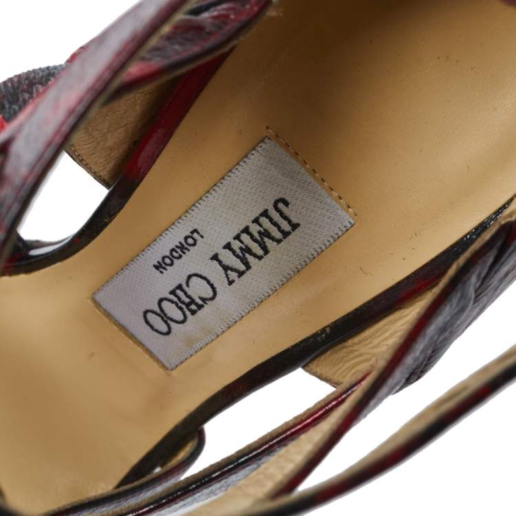 Pre Owned jimmy Choo Red/Black Abstract Print Patent Leather Double Cross Strap Sandals Size 36.5