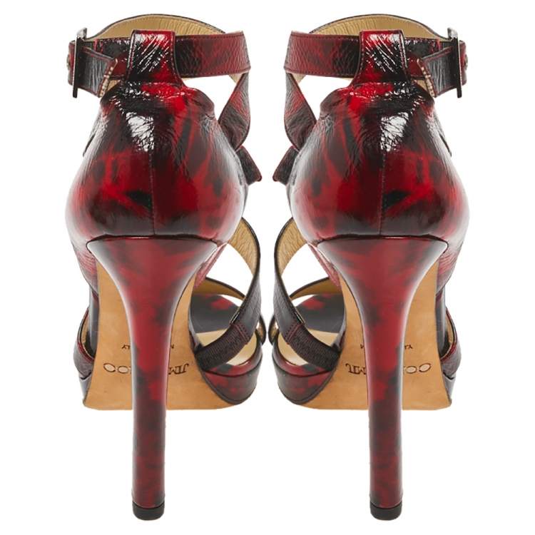 Pre Owned jimmy Choo Red/Black Abstract Print Patent Leather Double Cross Strap Sandals Size 36.5