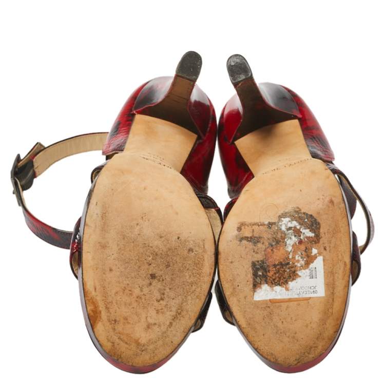 Pre Owned jimmy Choo Red/Black Abstract Print Patent Leather Double Cross Strap Sandals Size 36.5