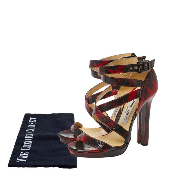 Pre Owned jimmy Choo Red/Black Abstract Print Patent Leather Double Cross Strap Sandals Size 36.5