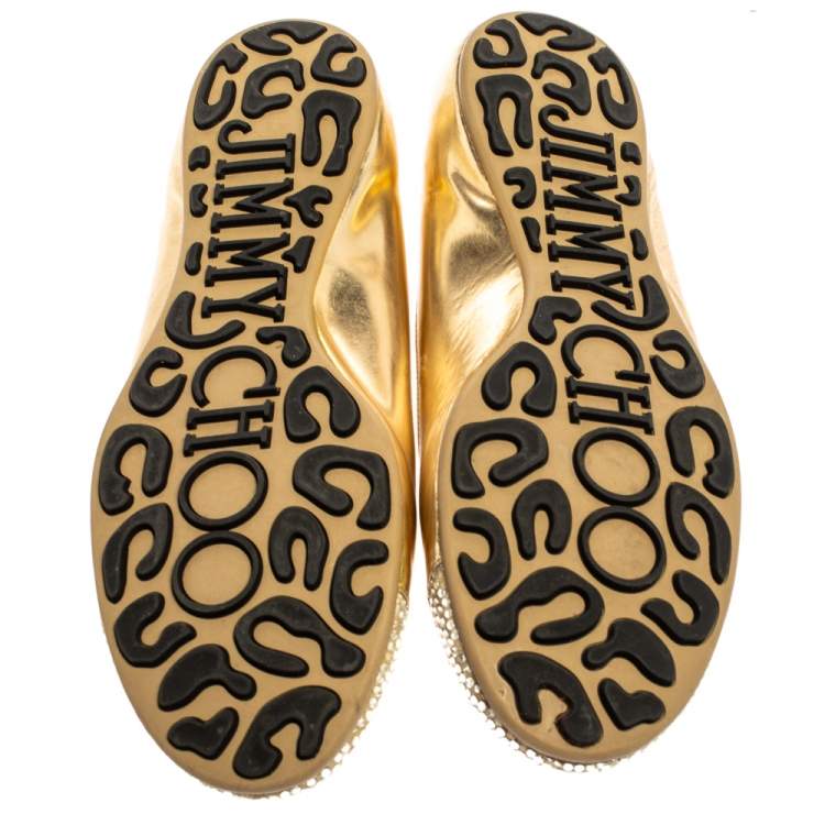 مملوكة مسبقًا Jimmy Choo Metallic Gold Leather Waine Crystal Embellished Cap Toe Ballet Flats Size 39.5