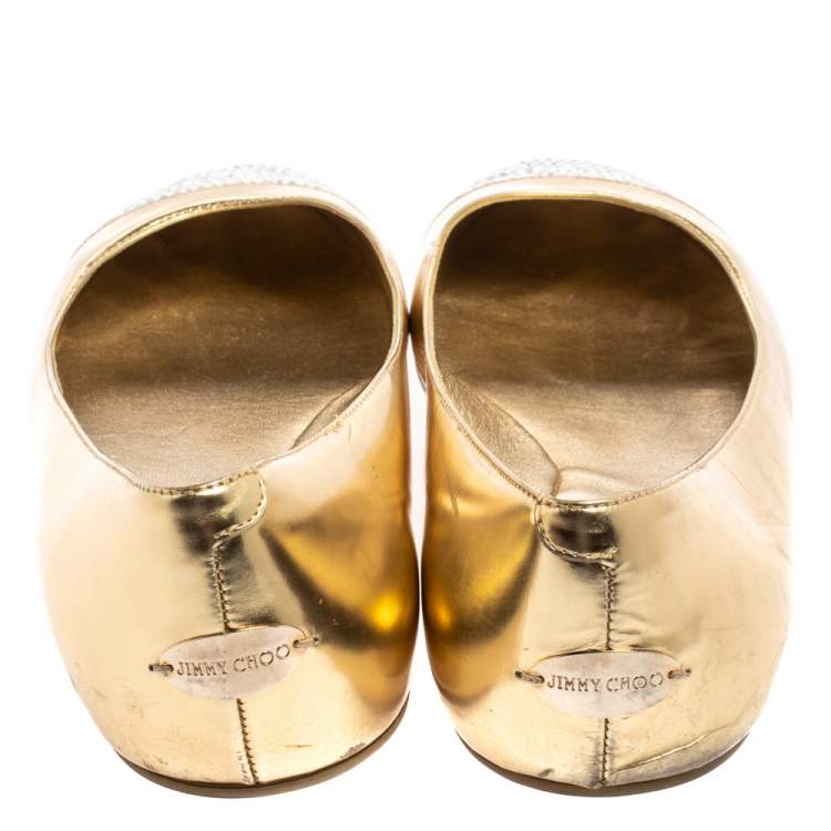 مملوكة مسبقًا Jimmy Choo Metallic Gold Leather Waine Crystal Embellished Cap Toe Ballet Flats Size 39.5