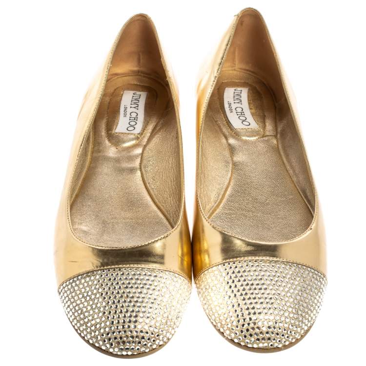 مملوكة مسبقًا Jimmy Choo Metallic Gold Leather Waine Crystal Embellished Cap Toe Ballet Flats Size 39.5