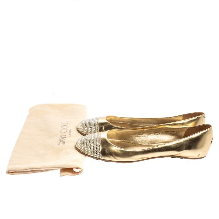 مملوكة مسبقًا Jimmy Choo Metallic Gold Leather Waine Crystal Embellished Cap Toe Ballet Flats Size 39.5