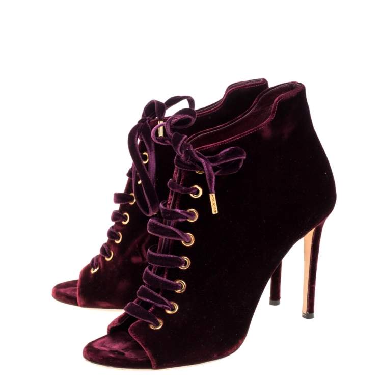 مملوكة مسبقًا Jimmy Choo Burgundy Velvet Mavy Lace Boots Size 39.5