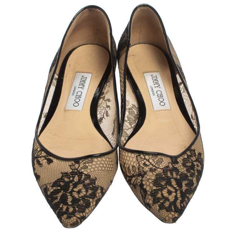 Pre Owned Jimmy Choo Black Floral Lace Romy Ballet Flats Size 37