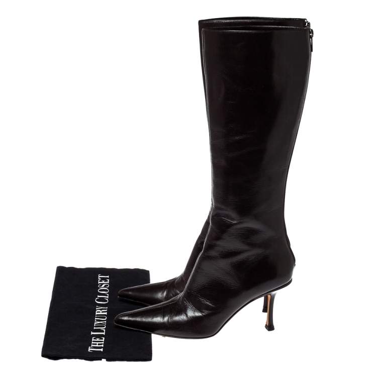 Pre Owned Jimmy Choo Brown Leather Peony Mid Calf Boots Size 38