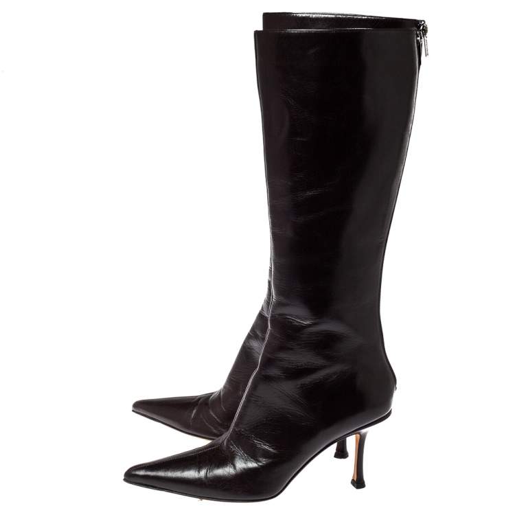 Pre Owned Jimmy Choo Brown Leather Peony Mid Calf Boots Size 38