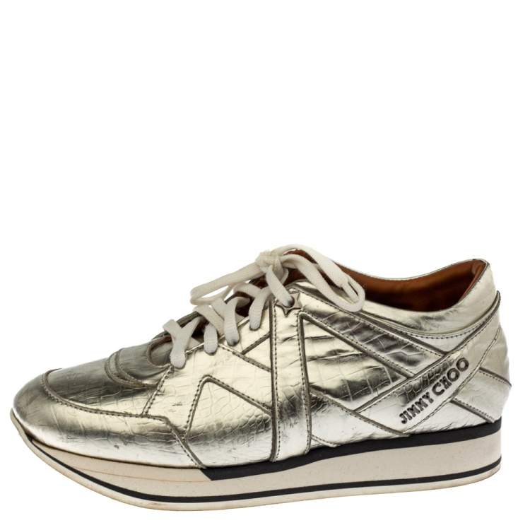مملوكة مسبقًا Jimmy Choo Metallic Gold Foil Leather London Sneakers Size 37
