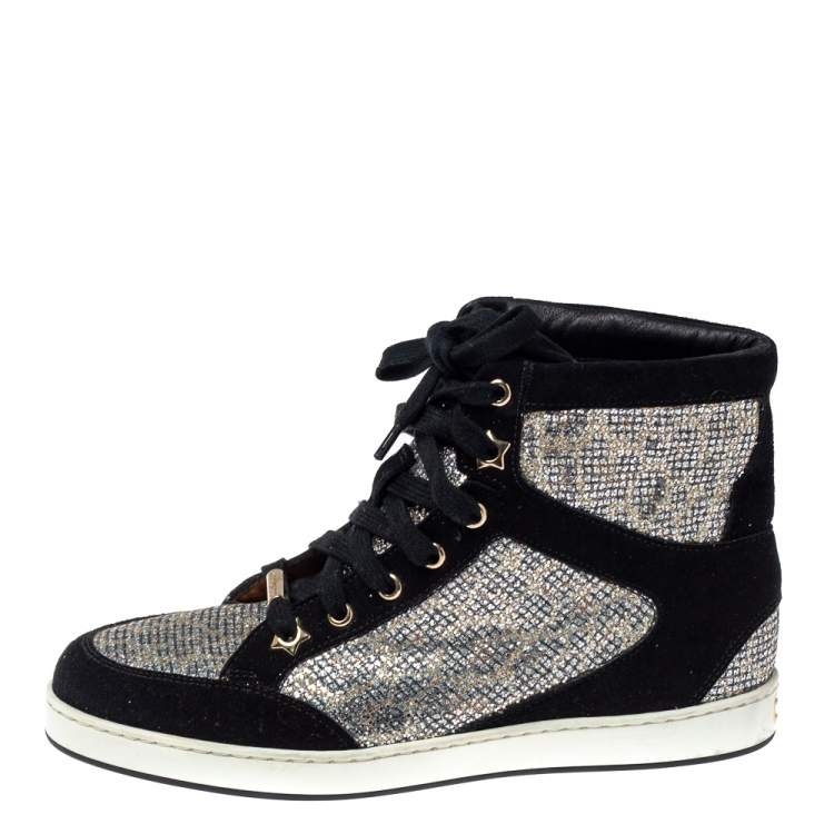 Pre Owned Jimmy Choo Black/Silver Suede And Glitter Tokyo Sneakers Size 35.5