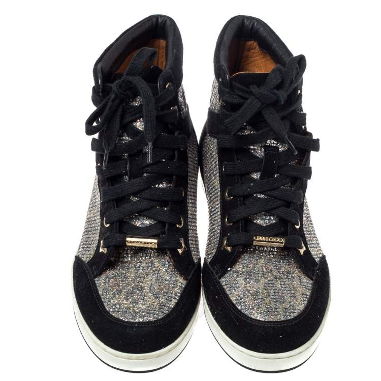 Pre Owned Jimmy Choo Black/Silver Suede And Glitter Tokyo Sneakers Size 35.5