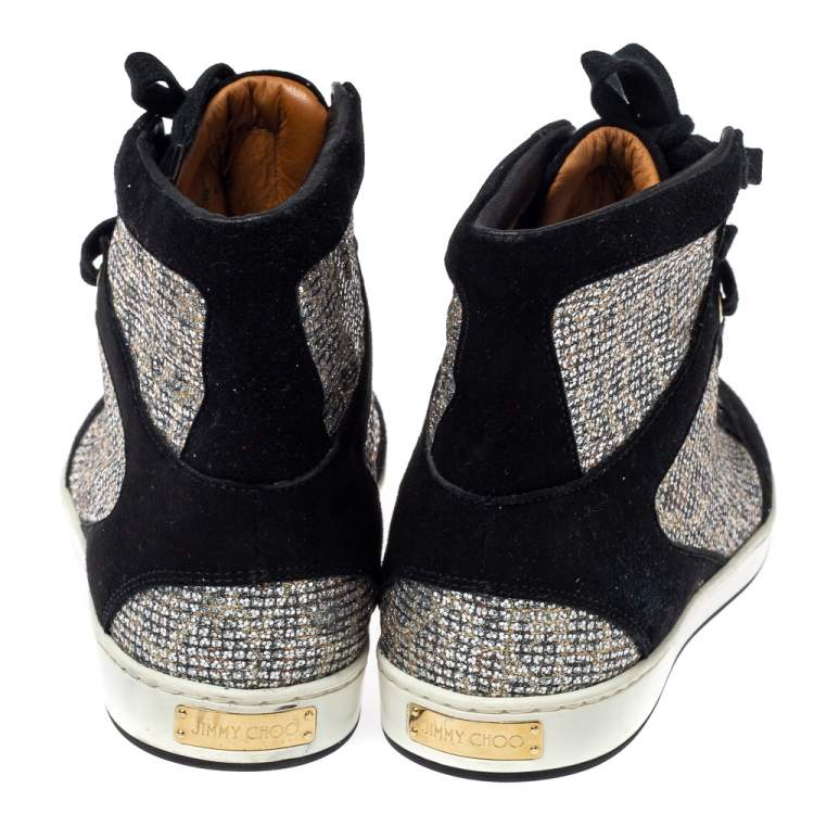 Pre Owned Jimmy Choo Black/Silver Suede And Glitter Tokyo Sneakers Size 35.5