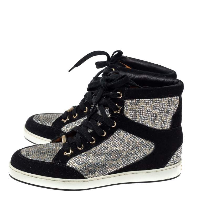 Pre Owned Jimmy Choo Black/Silver Suede And Glitter Tokyo Sneakers Size 35.5