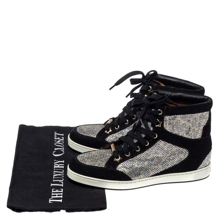 Pre Owned Jimmy Choo Black/Silver Suede And Glitter Tokyo Sneakers Size 35.5