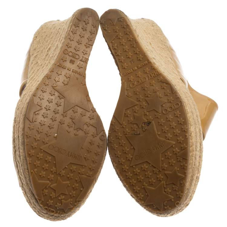 Pre Owned Jimmy Choo Beige Patent Patriot Espadrille Wedge Sandals Size 38