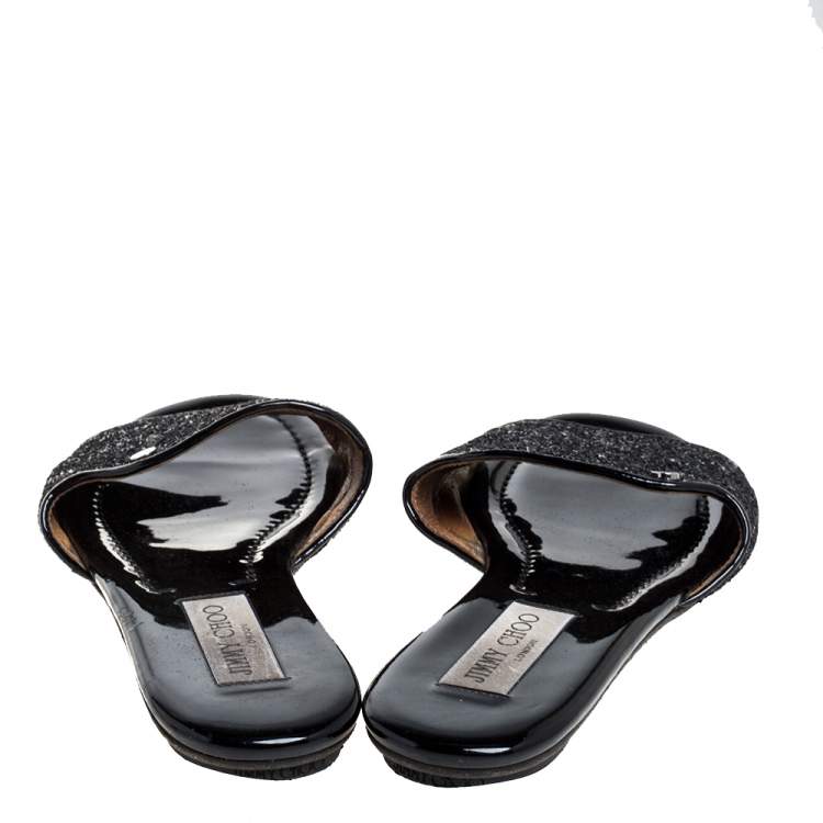 مملوكة مسبقًا   Jimmy Choo Metallic Black Glitter Nanda Flat Slides Size 39