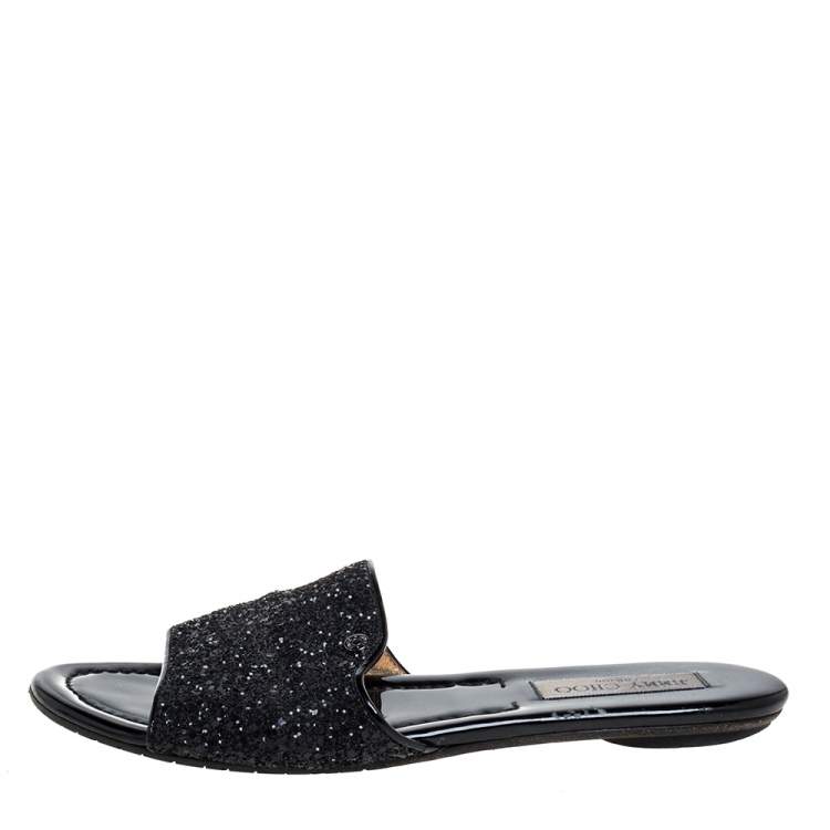 مملوكة مسبقًا   Jimmy Choo Metallic Black Glitter Nanda Flat Slides Size 39