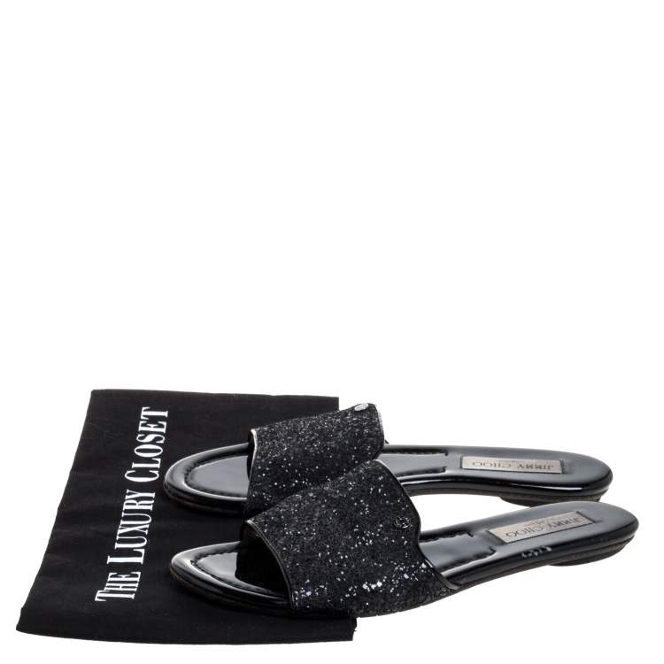 مملوكة مسبقًا   Jimmy Choo Metallic Black Glitter Nanda Flat Slides Size 39