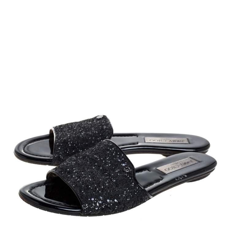 مملوكة مسبقًا   Jimmy Choo Metallic Black Glitter Nanda Flat Slides Size 39