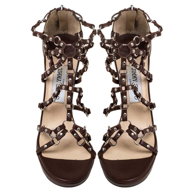 Pre Owned  Jimmy Choo Brown Leather Liora Studded Caged Sandals Size 37.5