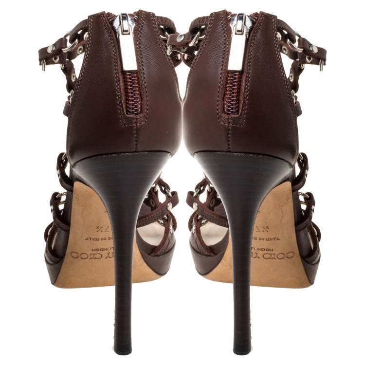 Pre Owned  Jimmy Choo Brown Leather Liora Studded Caged Sandals Size 37.5