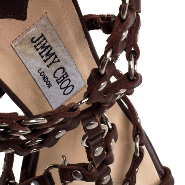 Pre Owned  Jimmy Choo Brown Leather Liora Studded Caged Sandals Size 37.5