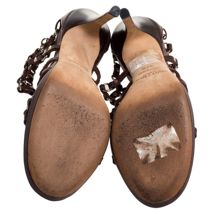 Pre Owned  Jimmy Choo Brown Leather Liora Studded Caged Sandals Size 37.5