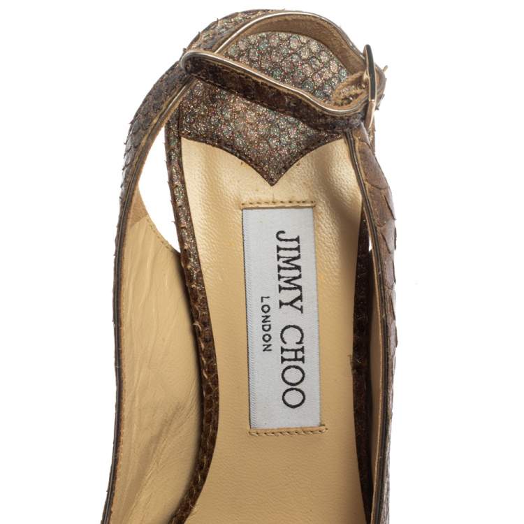 Pre Owned Jimmy Choo Brown Glitter Effect Python Peep Toe Slingback Platform Sandals Size 38