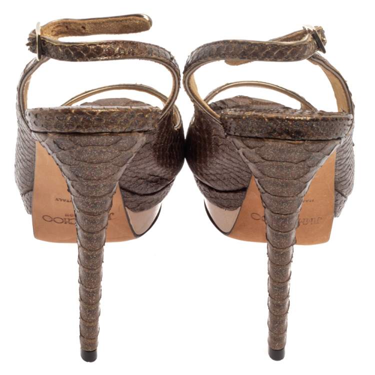 Pre Owned Jimmy Choo Brown Glitter Effect Python Peep Toe Slingback Platform Sandals Size 38