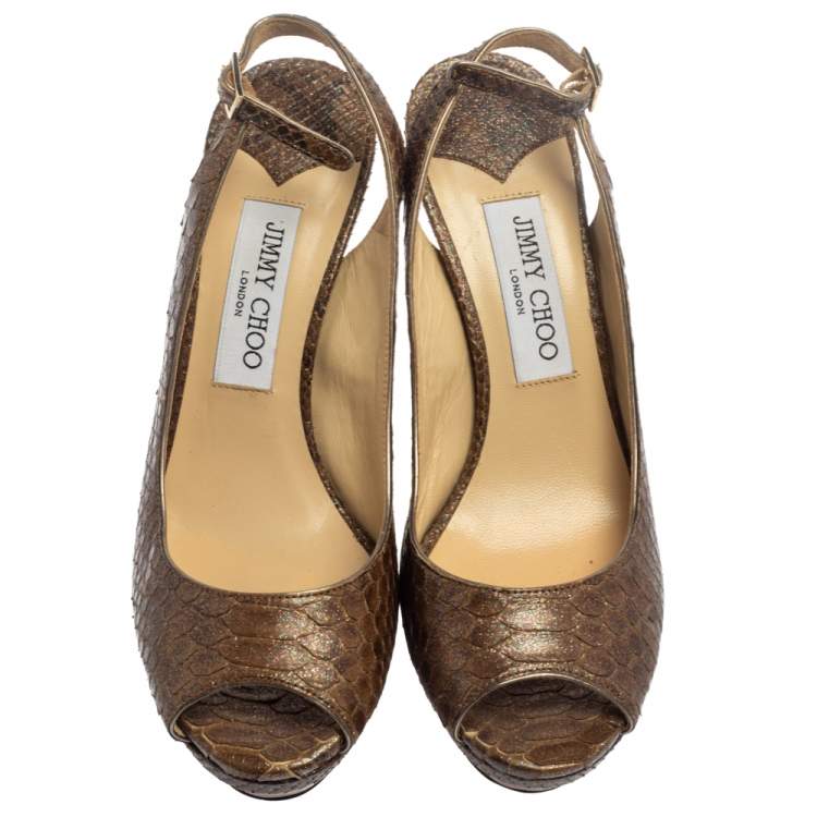 Pre Owned Jimmy Choo Brown Glitter Effect Python Peep Toe Slingback Platform Sandals Size 38
