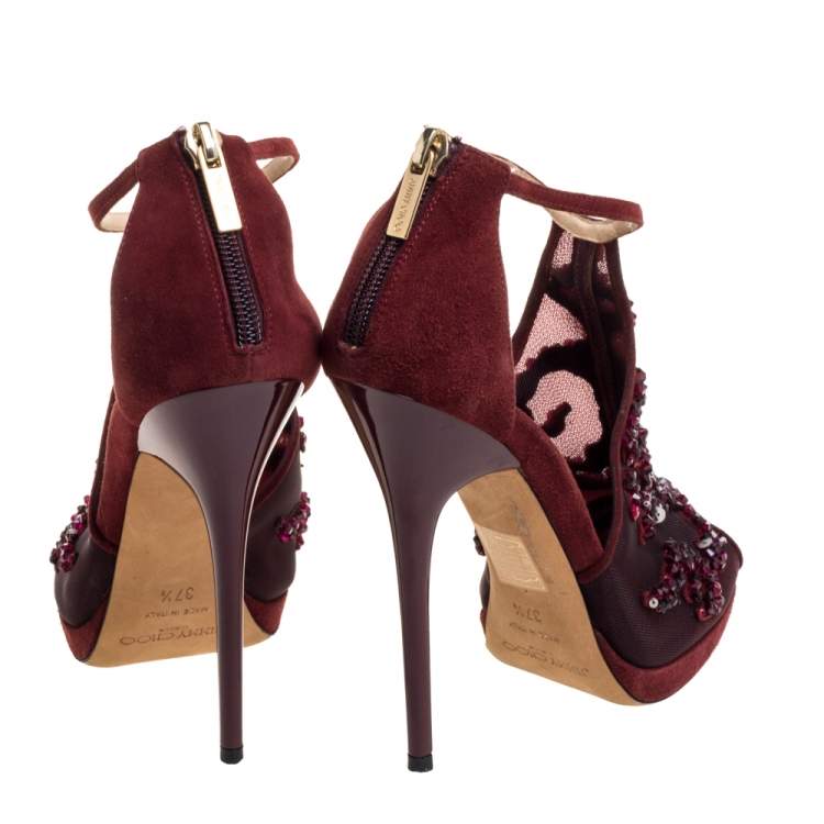 Pre Owned Jimmy Choo Burgundy Embellished Mesh And Suede Sandals Size 37.5
