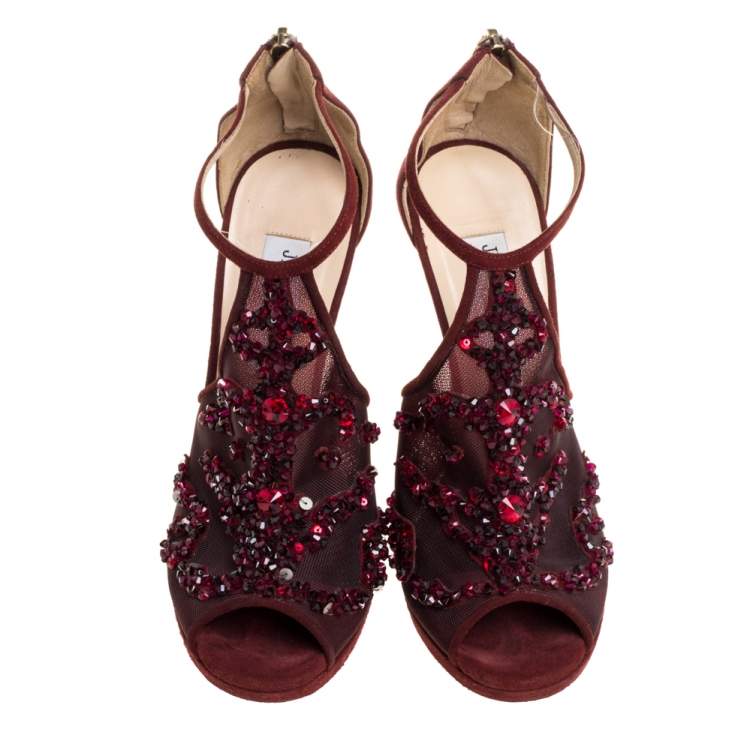 Pre Owned Jimmy Choo Burgundy Embellished Mesh And Suede Sandals Size 37.5