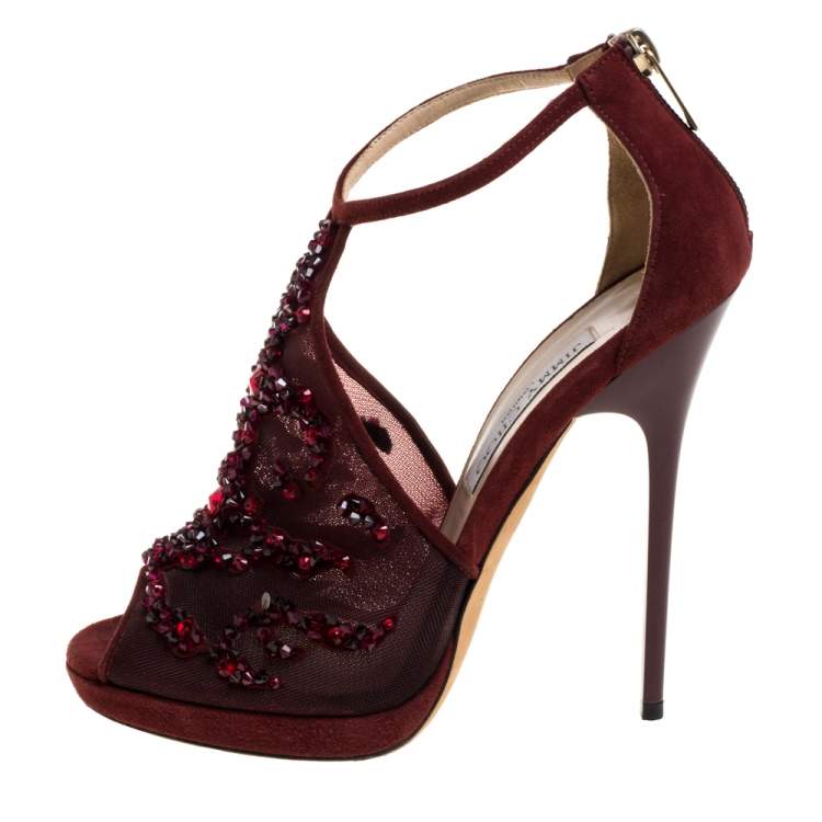 Pre Owned Jimmy Choo Burgundy Embellished Mesh And Suede Sandals Size 37.5