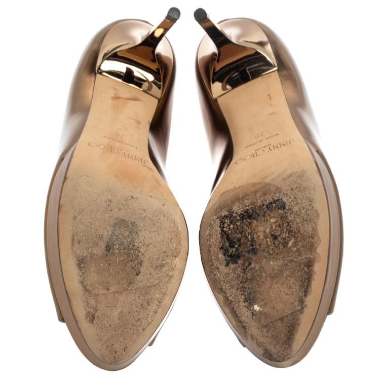 Pre Owned Jimmy Choo Metallic Gold Patent Leather Dahlia Peep Toe Platform Pumps Size 38