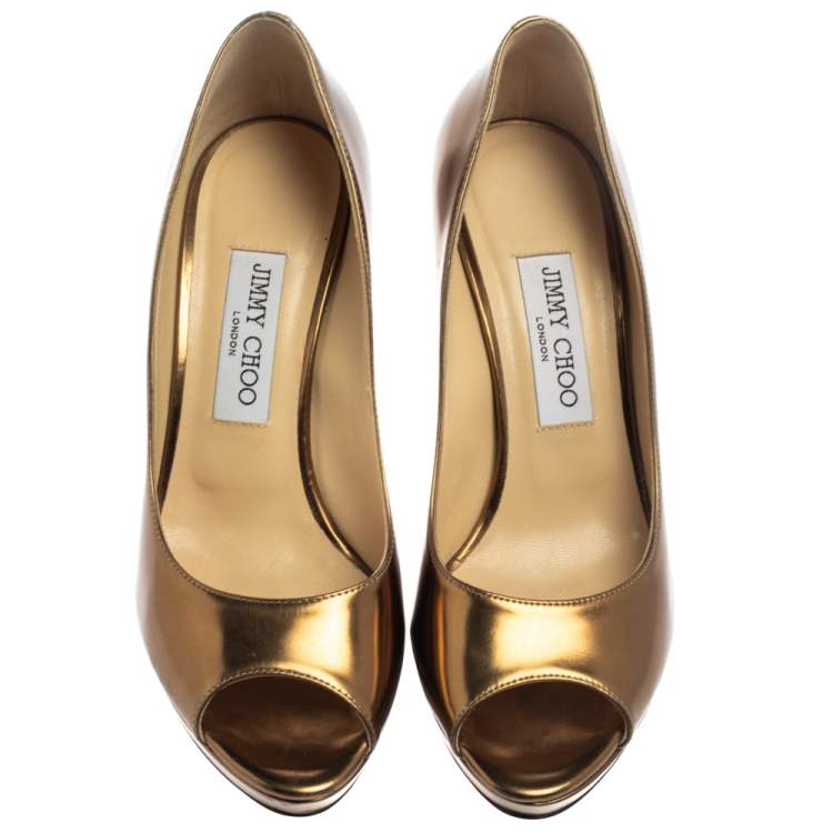 Pre Owned Jimmy Choo Metallic Gold Patent Leather Dahlia Peep Toe Platform Pumps Size 38